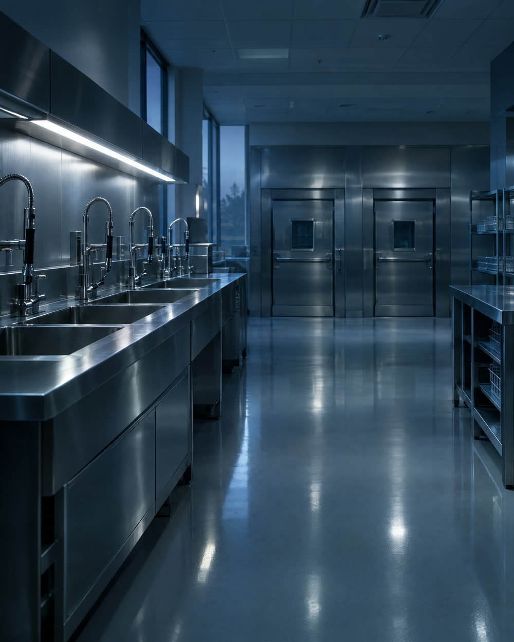 An empty sterile processing room with stainless steel sinks and washers in cool morning light.